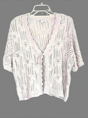 Open Knit Pointelle Cardigan 18/20W Tie Front Cropped Boho Coastal Cream